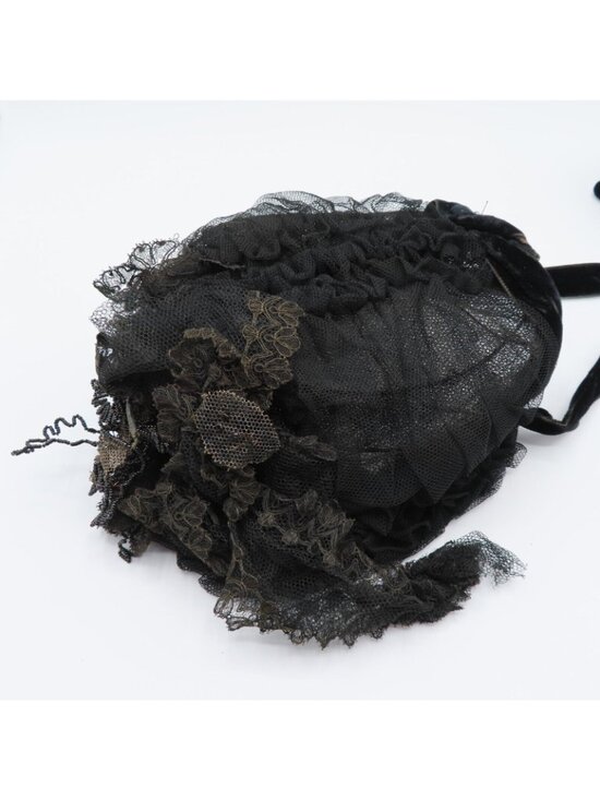 Womens One Size Mourning Hat Late 1800s Lace Netting Beaded Leaves Velvet Tie main image 5